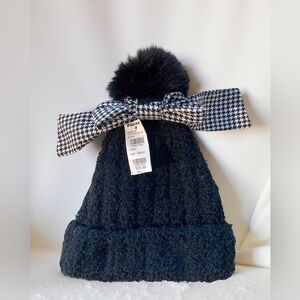 Tillys Kids Fuzzy Pom Beanie Black Detachable Houndstooth Bow NWT One Size